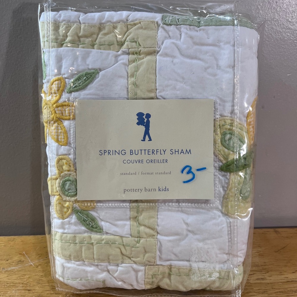 Pottery Barn Kids Spring Butterfly Sham Standard Quilted Floral Yellow Green Vtg